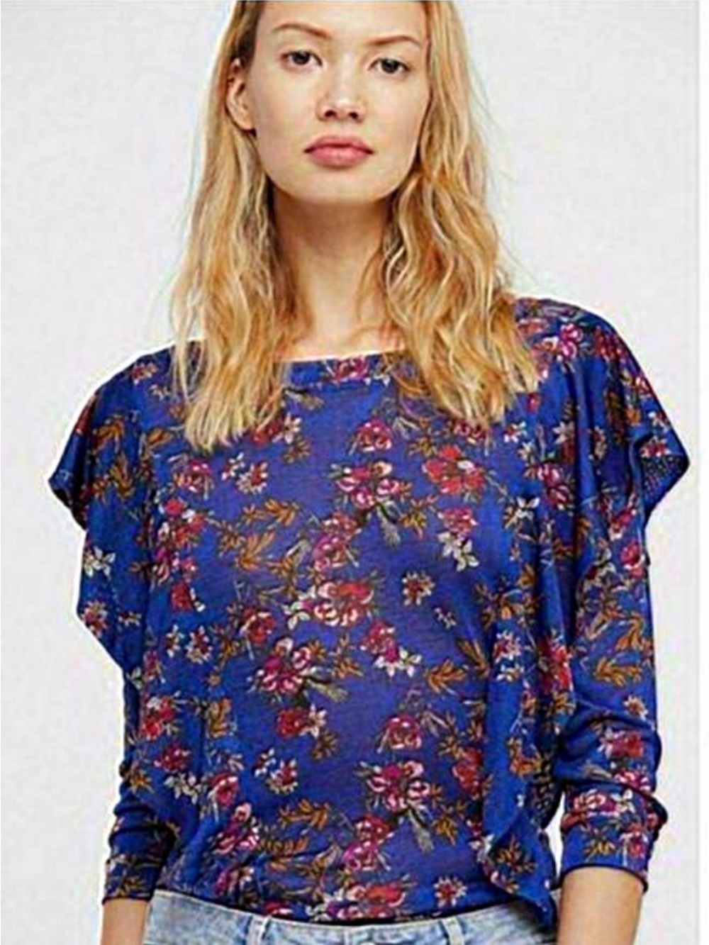 Free People Blue Floral Ruffle Front Knit Top Size XS Boho Cottagecore